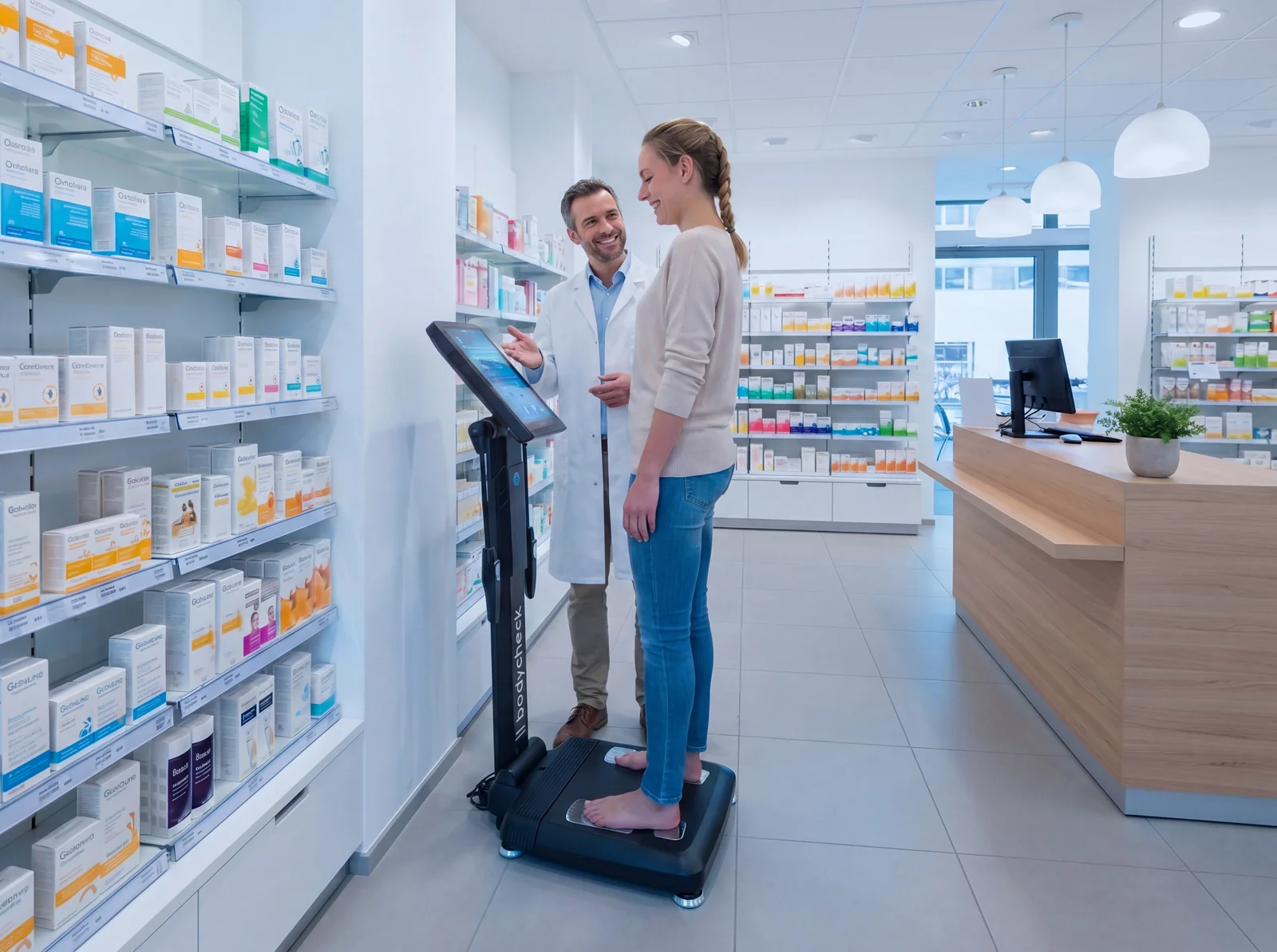 Apotheker erklärt Kundin die Bodycheck-Ergebnisse am Screen