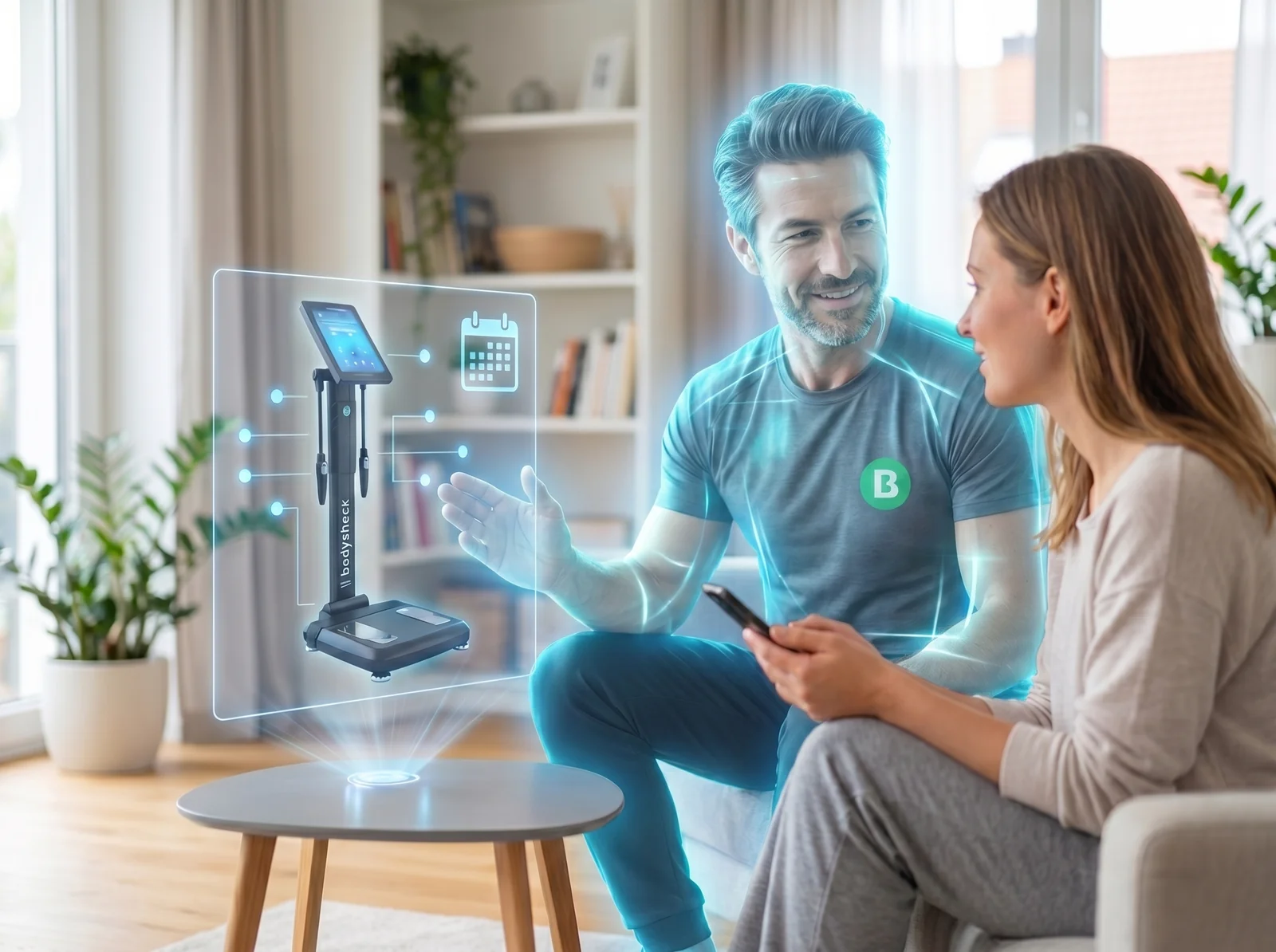 Kundin zuhause mit Robin-Impuls auf dem Smartphone
