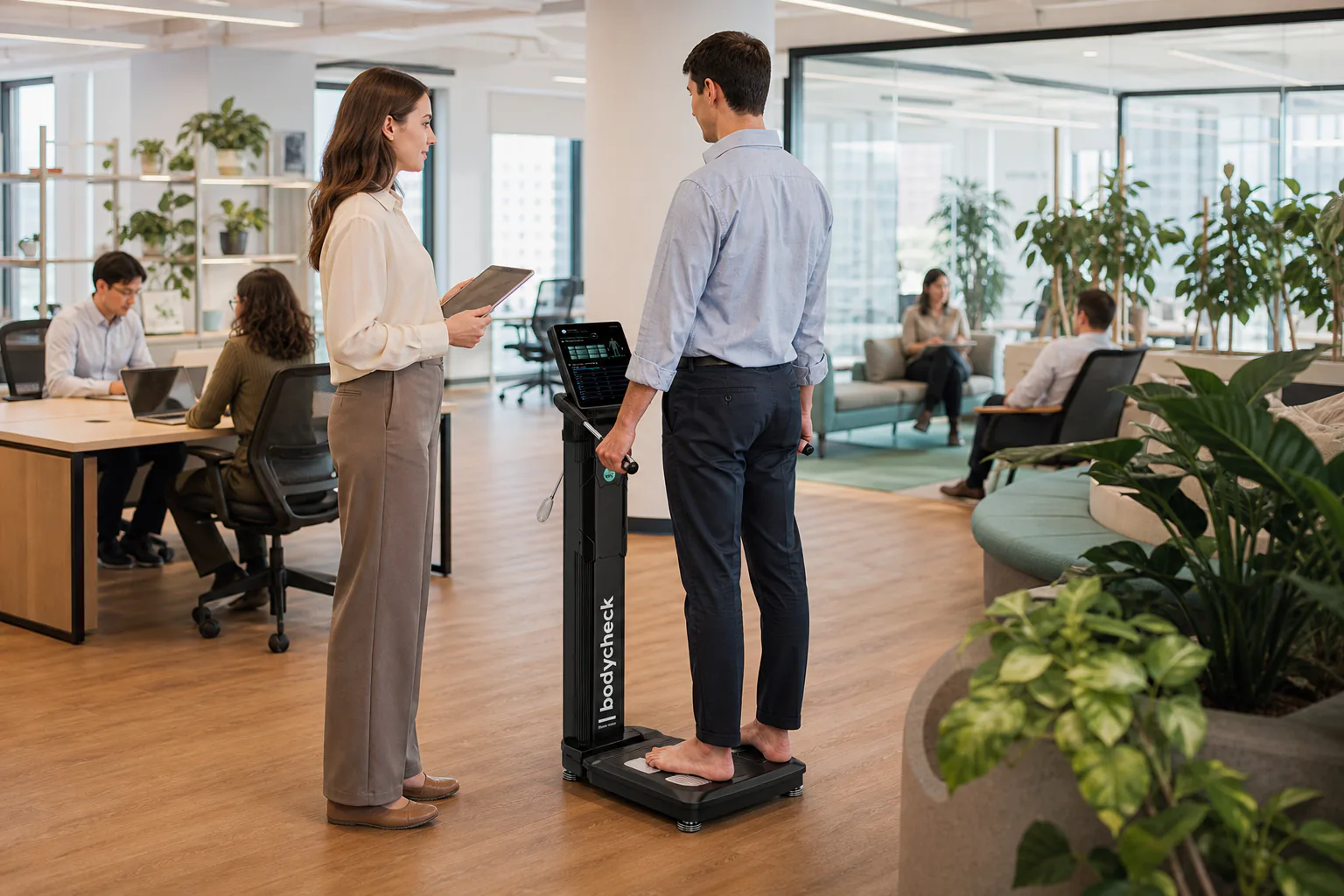 Mitarbeiter bei einer Bodycheck-Messung im hellen Multi-Office mit HR-Begleitung