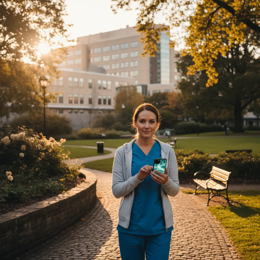 Pflegekraft nutzt während ihrer Pause ein Gesundheitsprogramm auf dem Smartphone