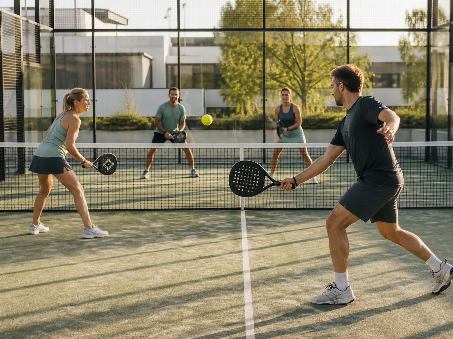 Vier Mitarbeitende spielen gemeinsam ein Padel-Doppel auf einem modernen Court