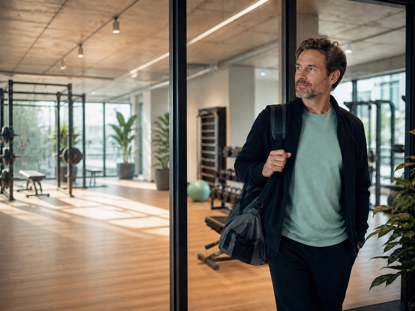 Mitarbeiter betritt nach Feierabend mit Sporttasche ein helles modernes Fitnessstudio