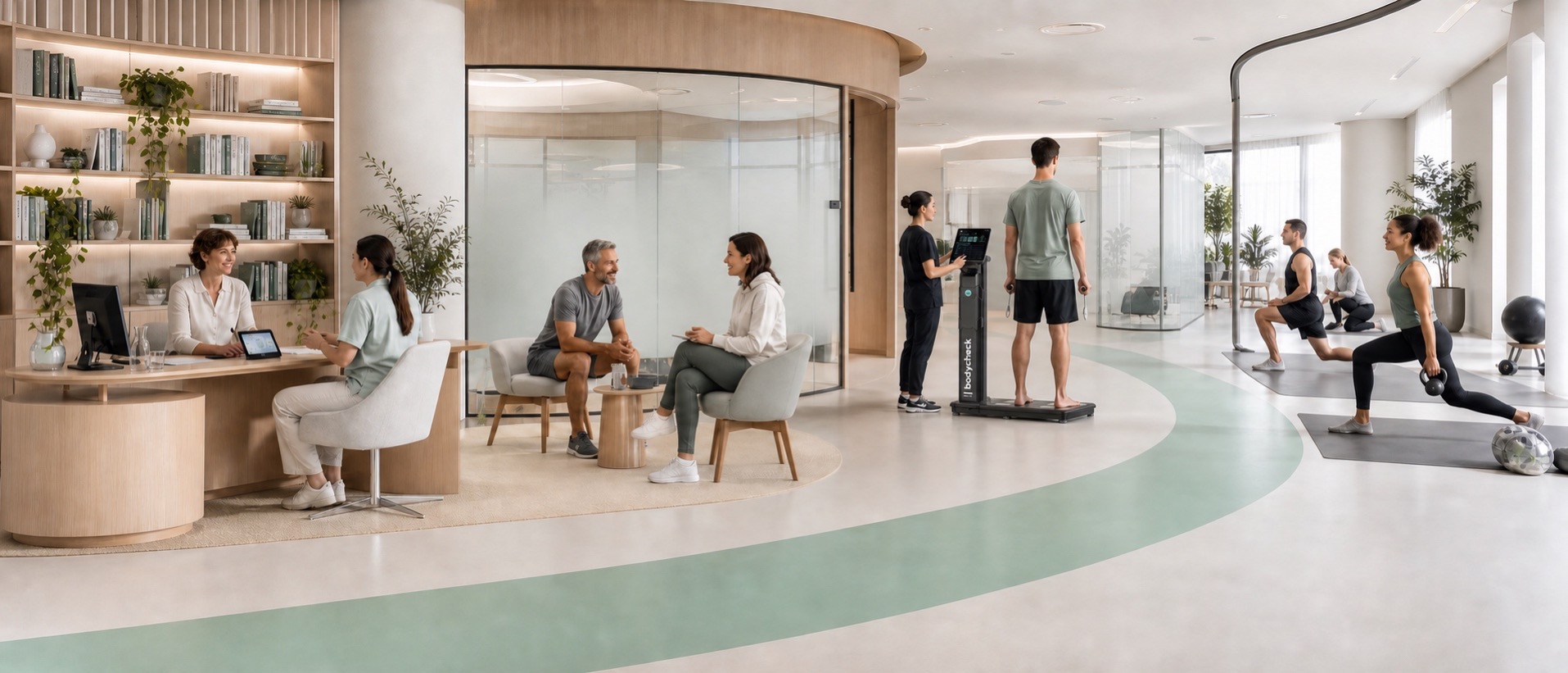 Helles Gesundheitszentrum mit verbundenen Bereichen für Wissenschaft, Coaching, Bodycheck-Messung und Bewegung