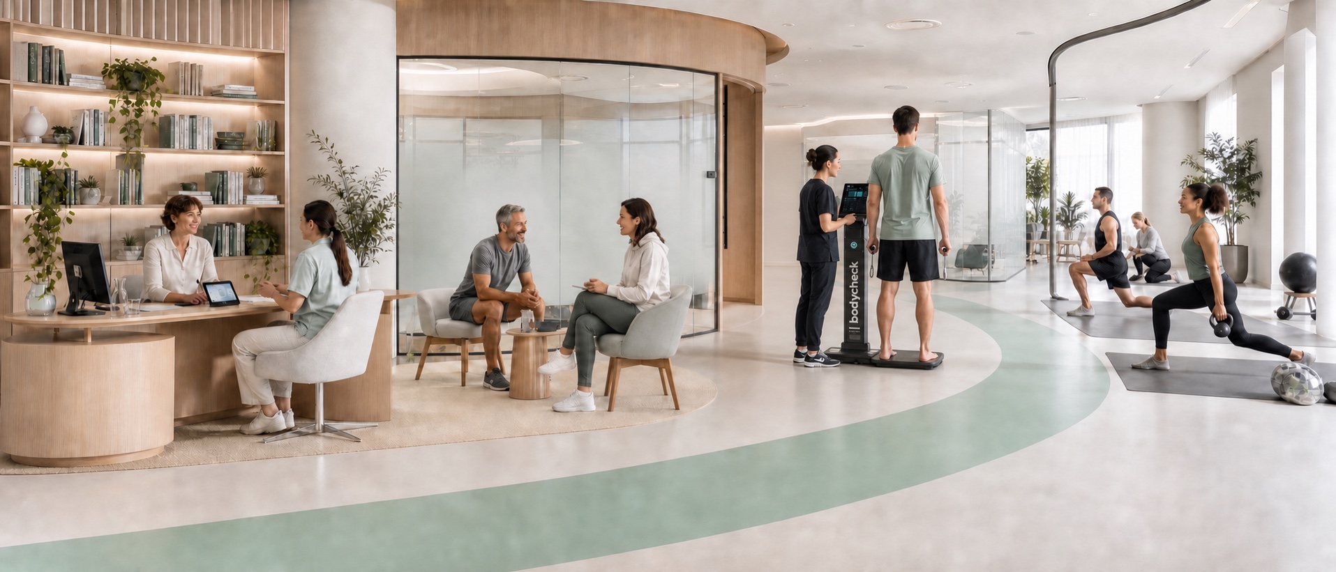 Helles Health Center: Ein Mitarbeiter steht zur Messung auf dem Bodycheck, begleitet von einer Mitarbeiterin