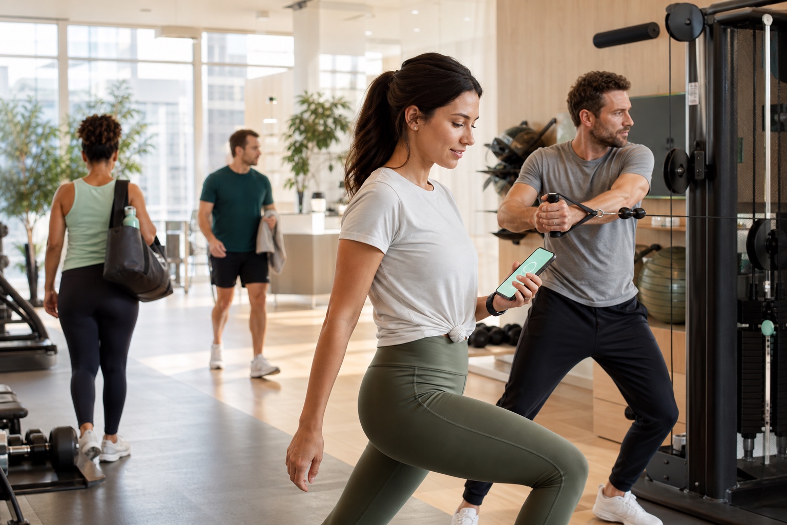 Mitarbeitende setzen einen digitalen Coaching-Impuls direkt in reale Bewegung im Fitnessstudio um