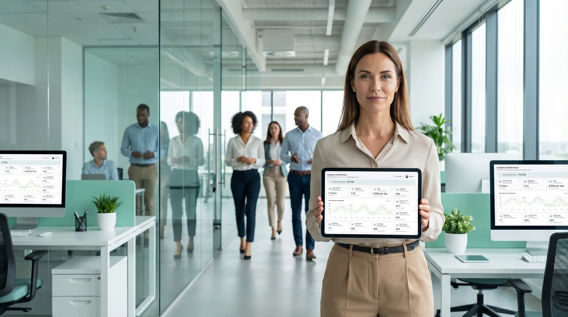 HR-Managerin betrachtet Health-Dashboard mit Studio-Check-in-Daten