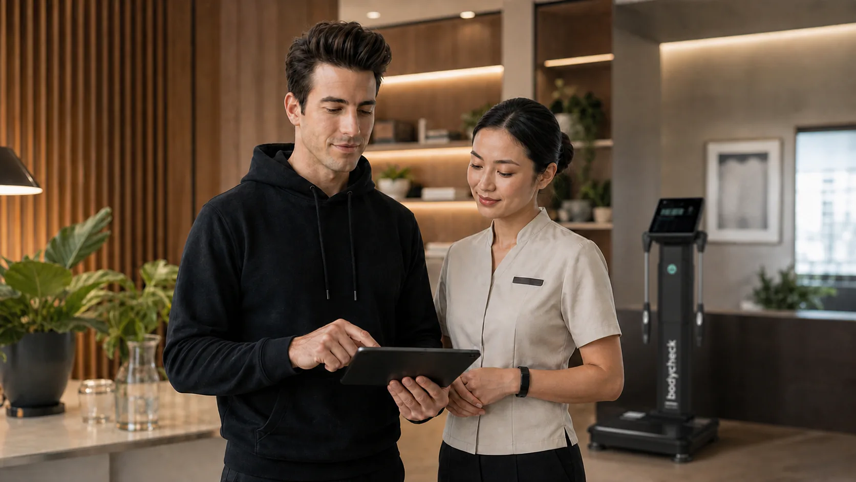Coach James bespricht Gesundheitsdaten auf einem Tablet mit einer Hospitality-Mitarbeiterin; der ReadyHealth Bodycheck ergänzt das persönliche Coaching