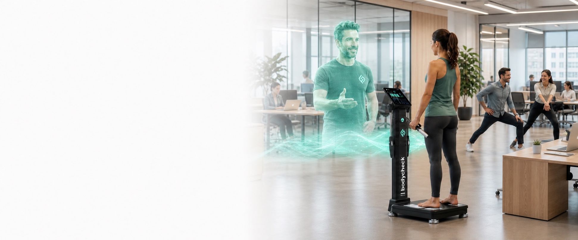 Firmenfitness im Büro mit Bodycheck-Körperanalyse und digitalem Coach Robin