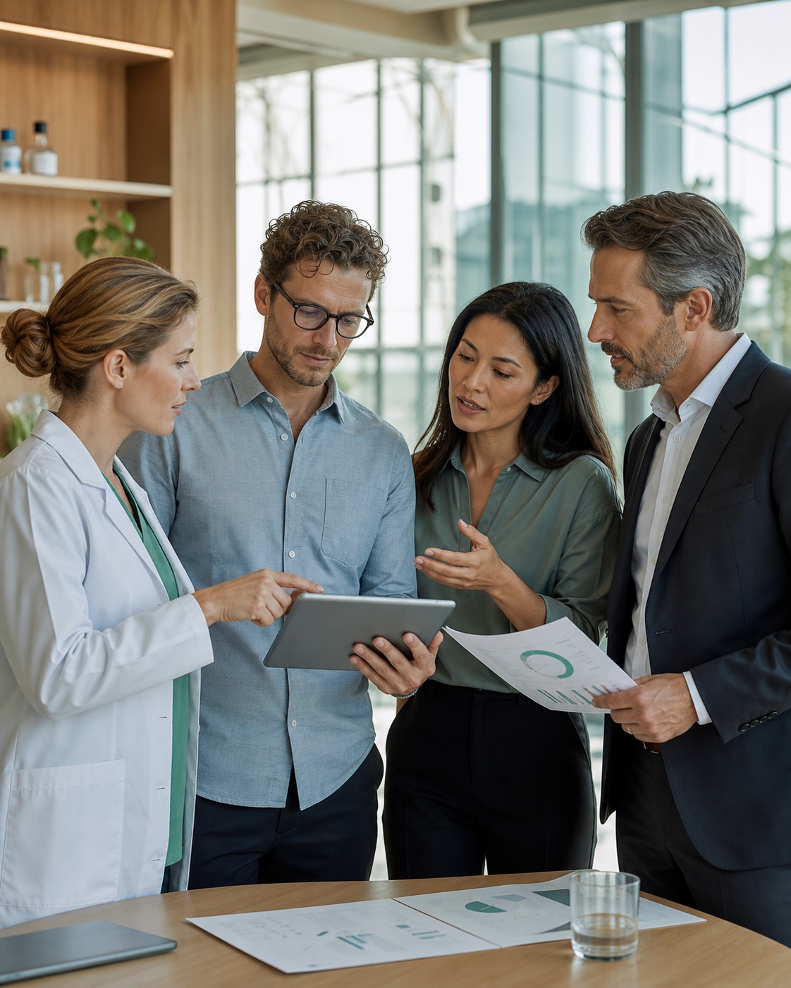 Fachleute aus Medizin, Forschung, Technologie und Unternehmensgesundheit arbeiten gemeinsam an einer digitalen Gesundheitslösung.