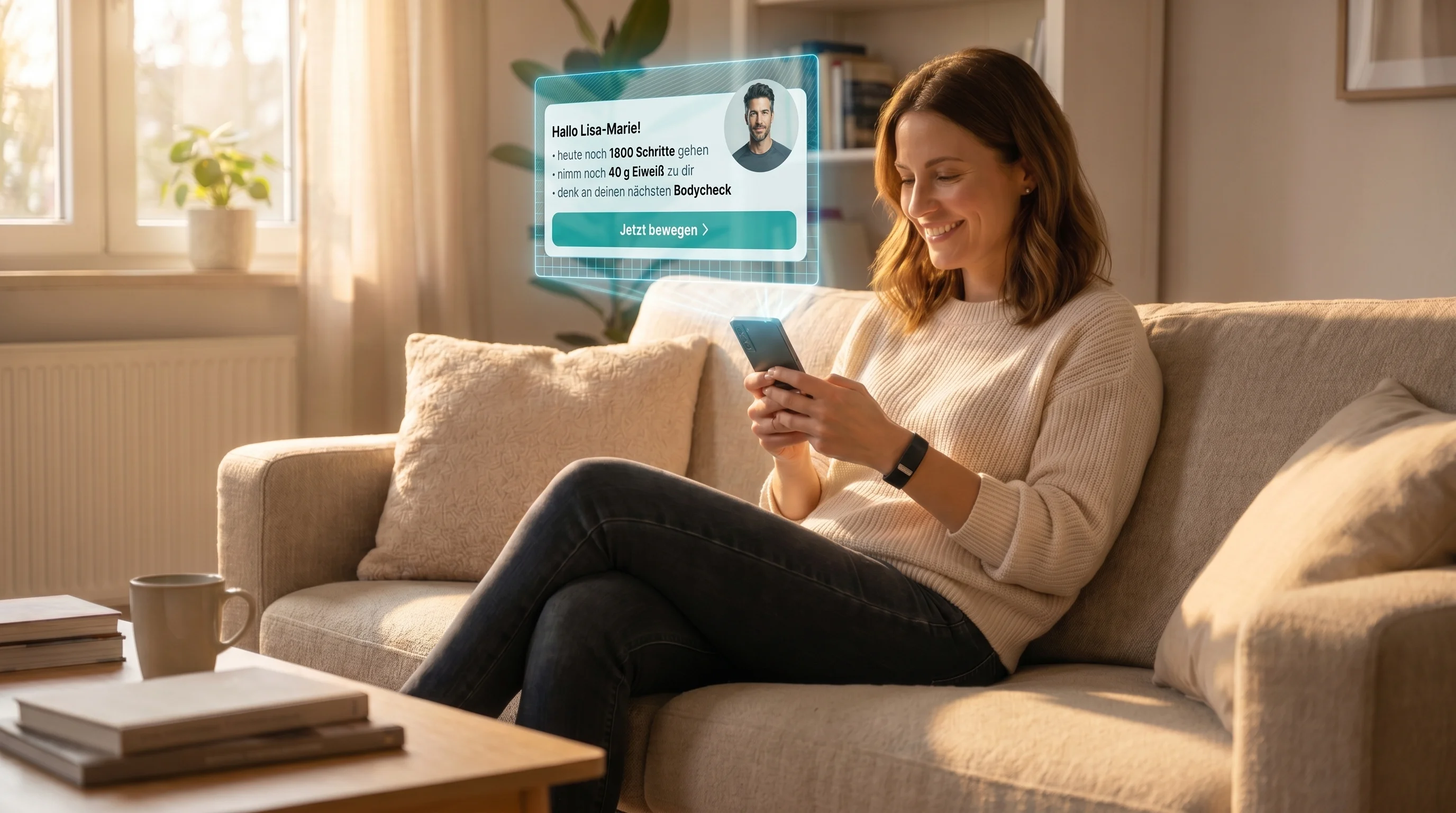 Person nutzt Health-Coaching-App zuhause