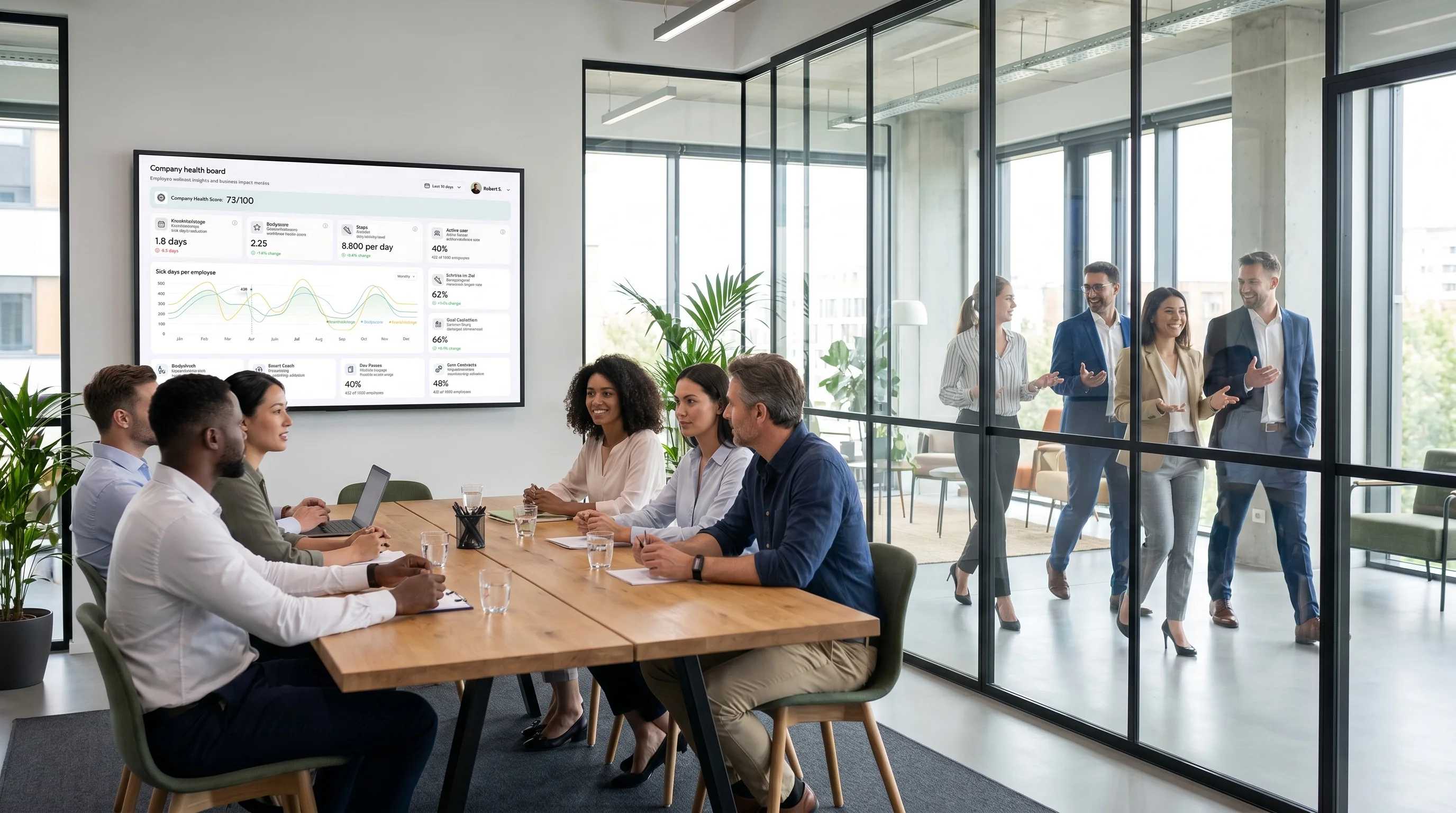 Corporate Team in modernem Büro mit Health-Programm