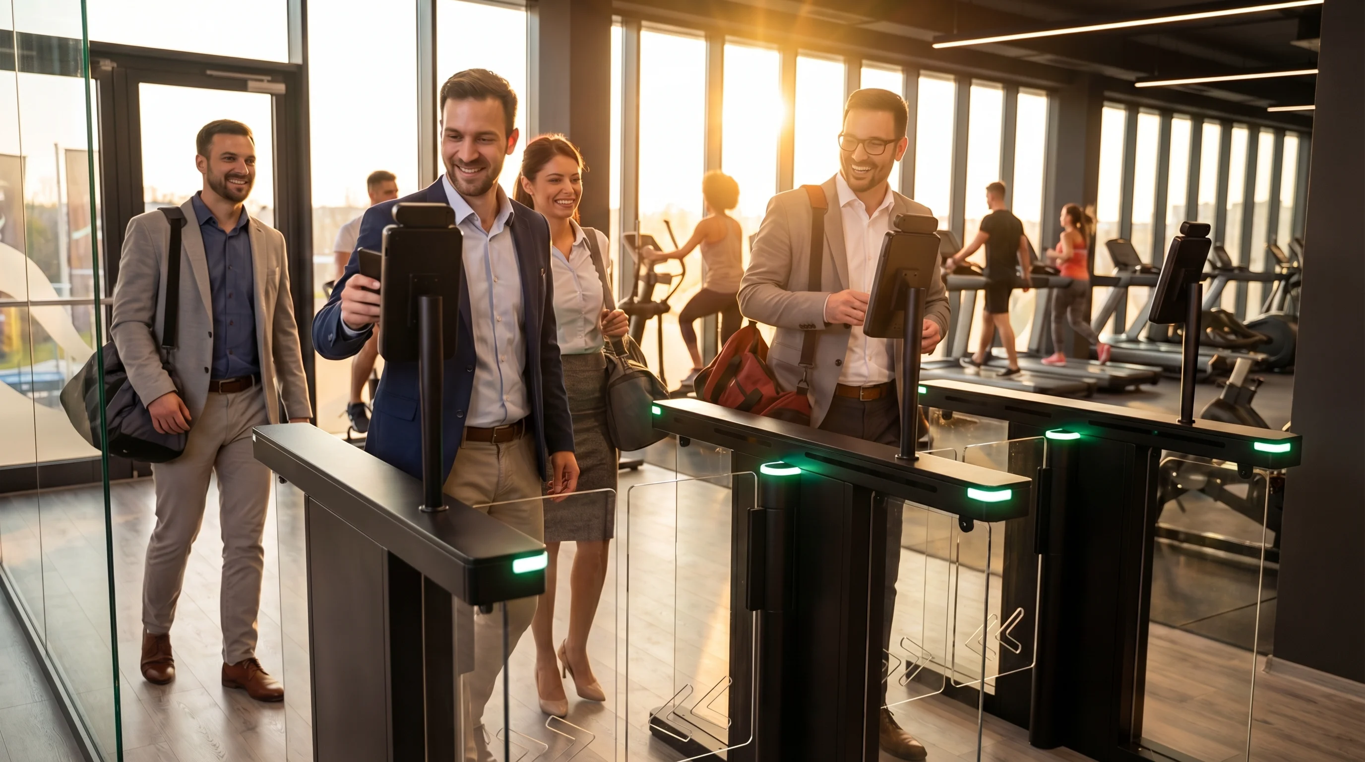 Mitarbeitende betreten modernes Fitnessstudio mit Digital-Check-in